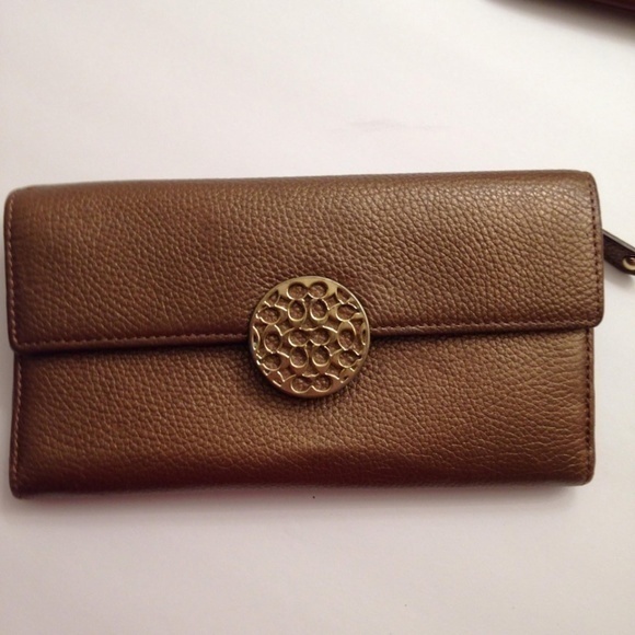 Coach Mettalic Gold Bronze Checkbook Wallet